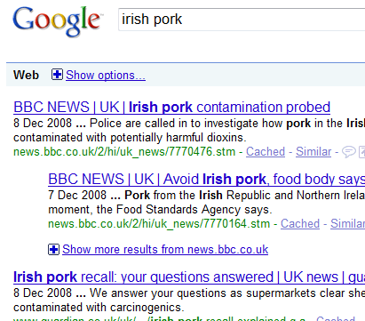 Irish pork results on Google